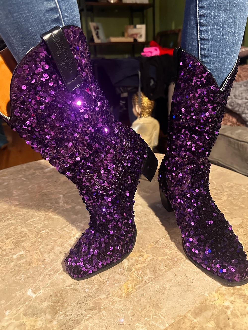 Purple Sequin Women's Mid-Calf Boots